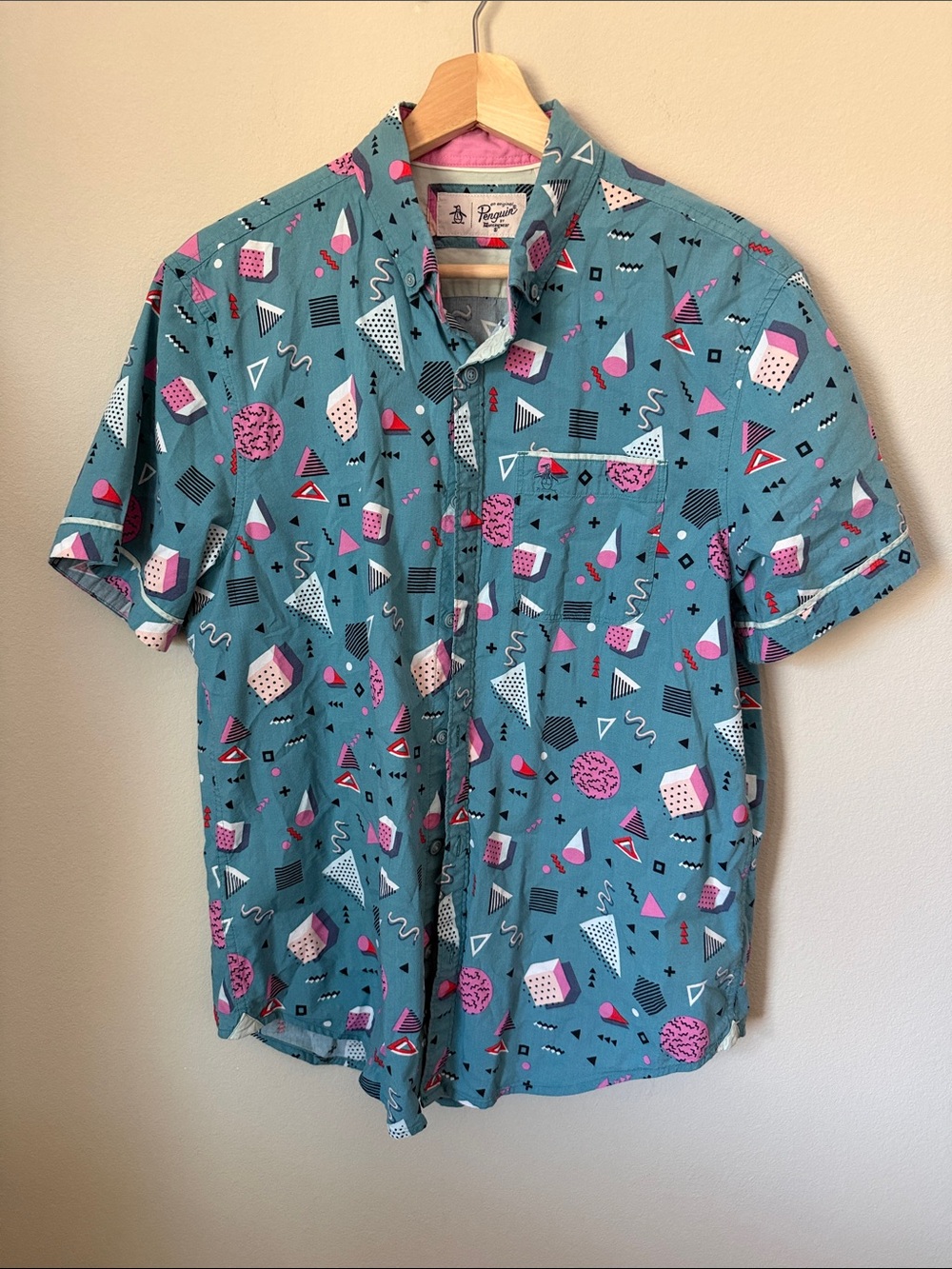 Original Penguin Men's Teal Geometric Print Short-Sleeve Shirt Medium